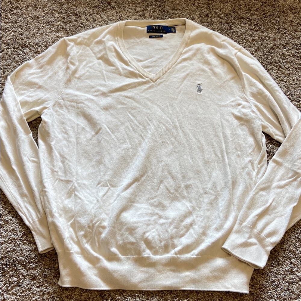 Ralph Lauren Men's V-Neck Sweater in Ivory with Navy Pony
